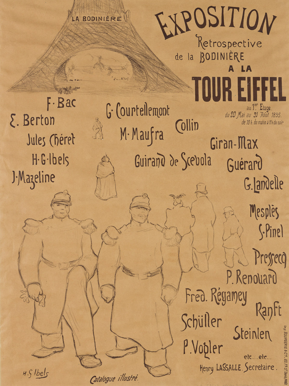 HENRI-GABRIEL IBELS (1867-1936).  EXPOSITION A LA TOUR EIFFEL / LA BODINIÈRE. 1895. 24¼x18 inches, 61½x45¾ cm. Bourgerie & Cie., Paris.